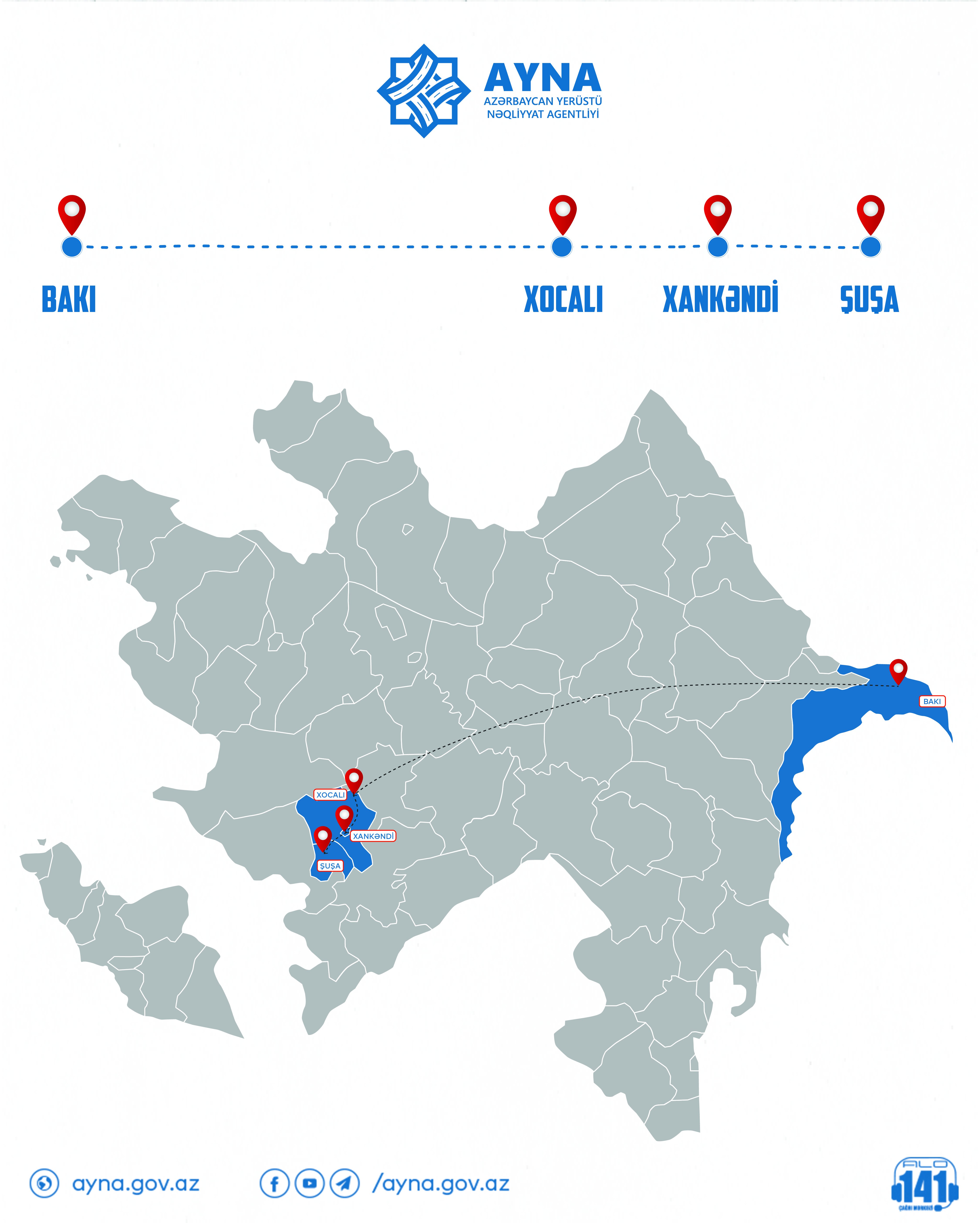 Bakıdan Xocalı və Xankəndi şəhərlərindən keçməklə Şuşaya  müntəzəm avtobus reysi fəaliyyətə başlayır